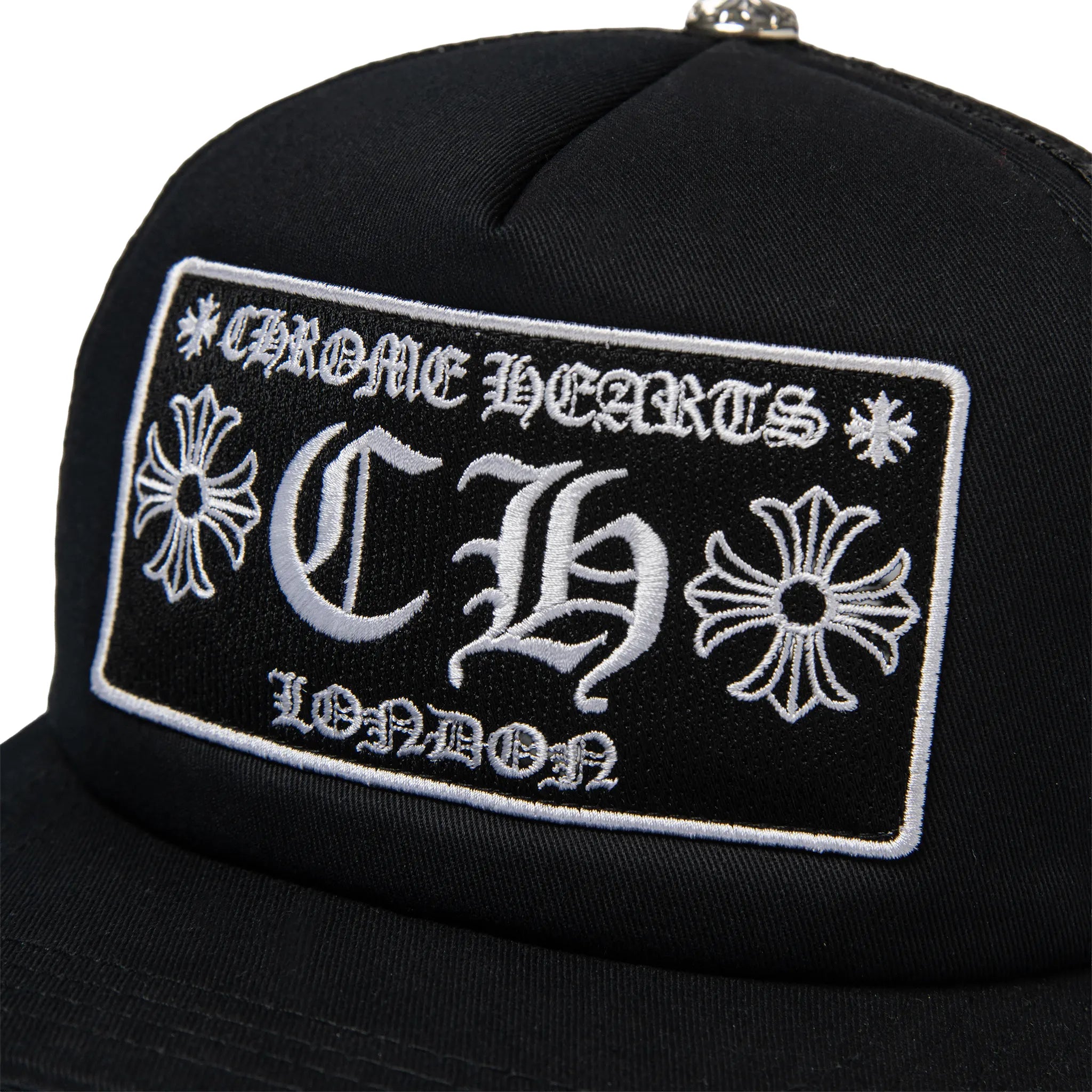 Detailed Logo View of Chrome Hearts CH London Black Trucker Cap
